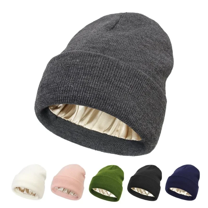 No Static-No Frizz-No Tangle Hat Unisex Knitted Satin Lined Beanies 2layer Anti Static Hair Cover Sleep Hiphop Cap