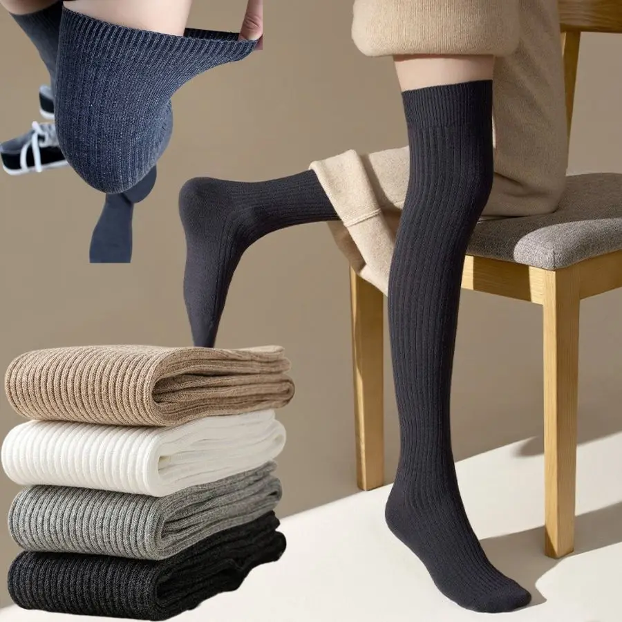 

Women Winter Knee Stockings Plus Velvet Leg Warmer Striped Long Socks Thigh High Stockings Warm Over Knee Socks Soft Snow Socks