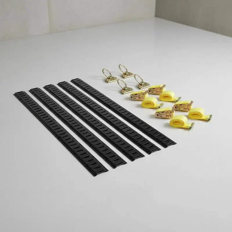 

Horizontal Cargo Rail System 5ft 12-Piece Set For Trucks Vans Trailers 4 E-Track Rails 4 O-Ring Anchors 4 Ratchet Straps Heavy Duty Tie Down Kit Metal Hardware Accessory
