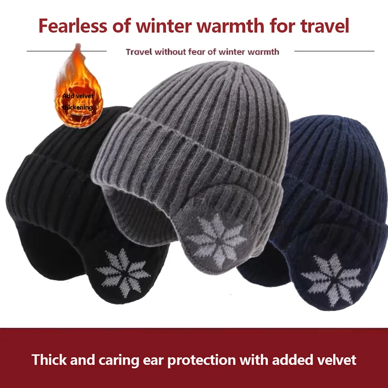 Outdoor Men Winter Knitted Hat Plush Warmth Peaked Cap Earmuff Casual Fashion Faux Fur Lined Bomber Hats Cycling Ear Protection