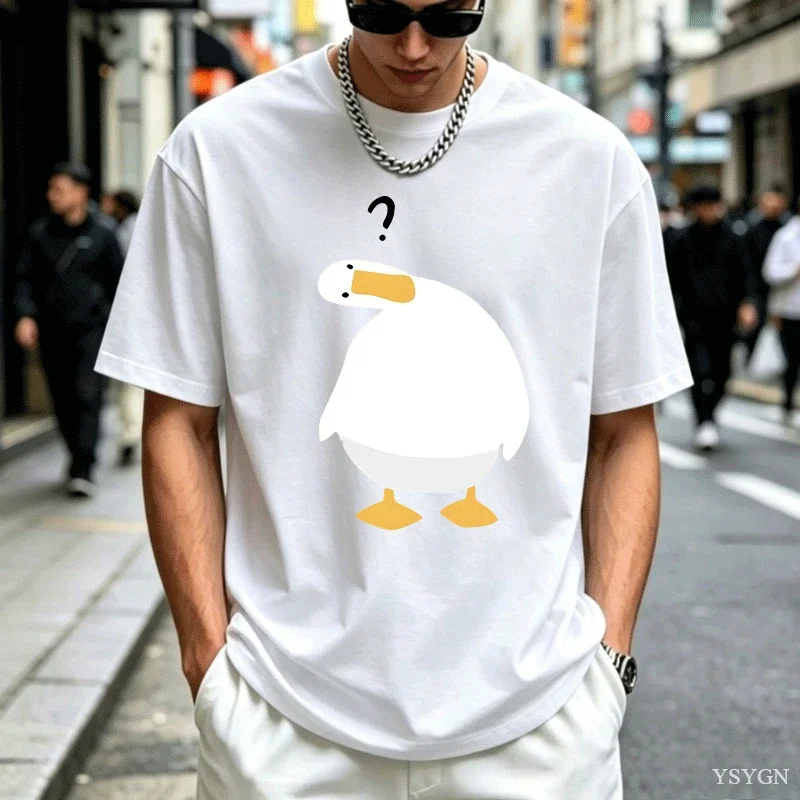 Cartoon Confused Goose Mens T Shirt Funny Question Mark Bird Animal Graphic Tee Short Sleeve Casual Daily Holiday Ladies Tops
