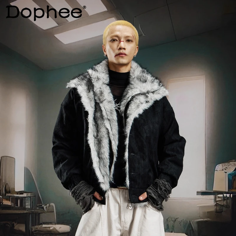 

2025 Men's Winter New Fashion Faux Two-Piece Parkas Double-Layer Faux Fur Collar Leather Jackets Thickened Warm Handsome Parkas