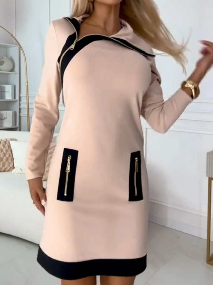Frühling Herbst Casual Langarm Minikleid, Frauen Urlaub Reißverschluss Patchwork Einfaches Partykleid, Skew Collar Elegantes Damenkleid