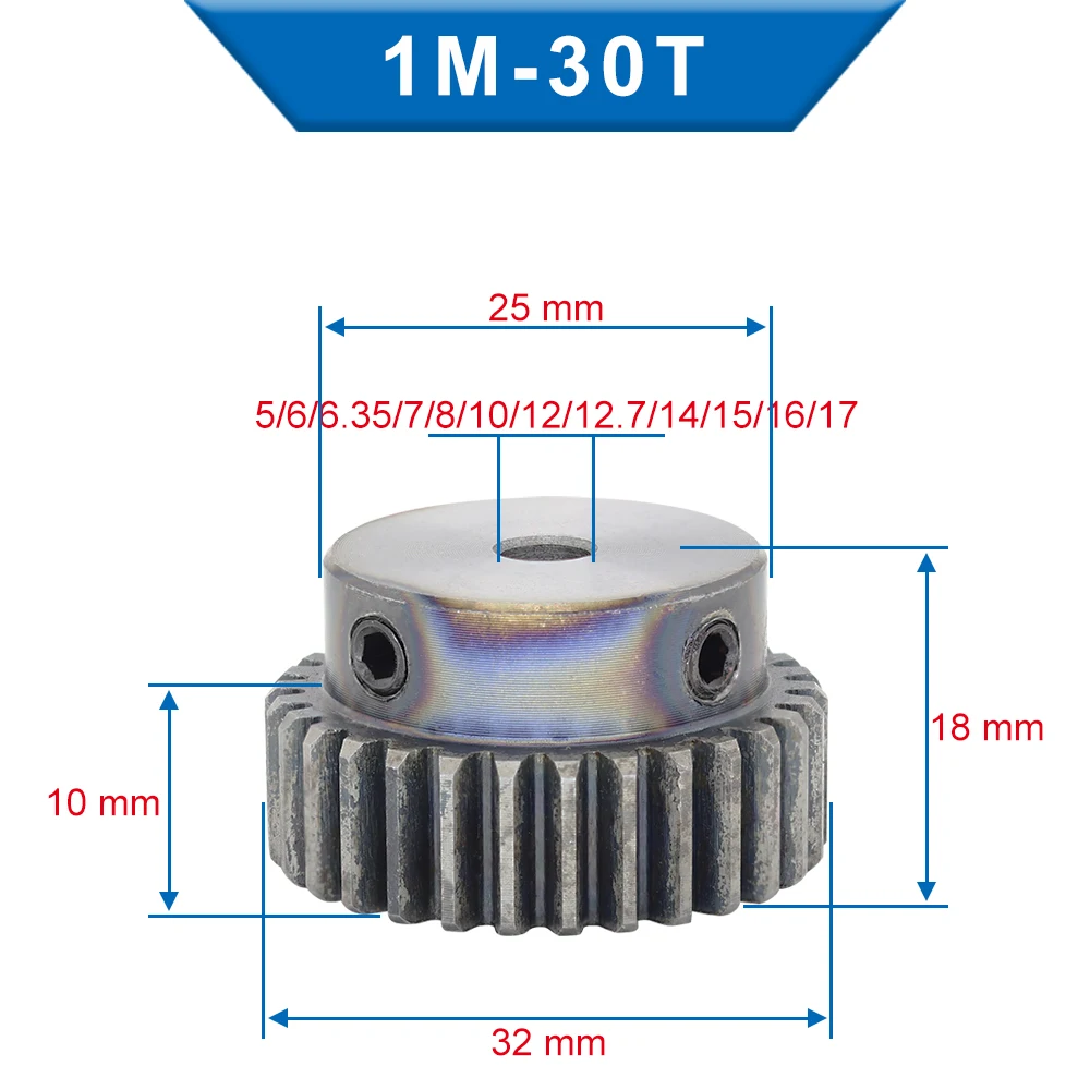 1 Piece 1M30T Spur Gear Bore 5/6/6.35/7/8/10 /12/12.7/14/15/16/17mm Motor Gear Low Carbon Steel Material High Quality Gear