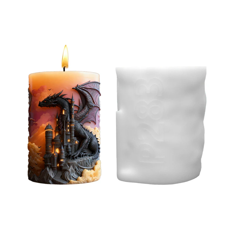 Fantasy Epic Dragon Perching on Castle Candle Mold Creative Candle DIY Mold Moonlight Cloud 3D Relief Design Mold view 3