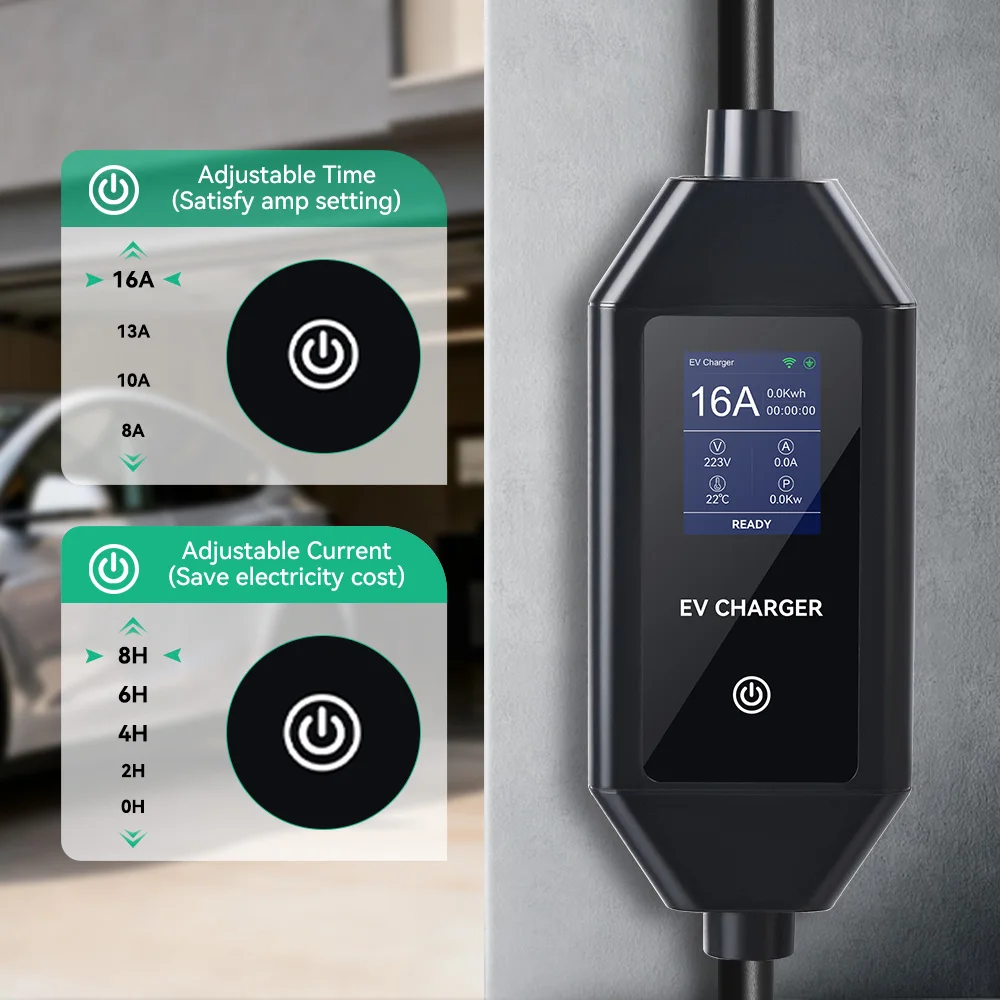 JDMEX 3.5KW Portable EV Charger Type2 16A 1Phase Wallbox EVSE Charger LCD Screen APP Control 3.5M Cable for Electric Vehicle