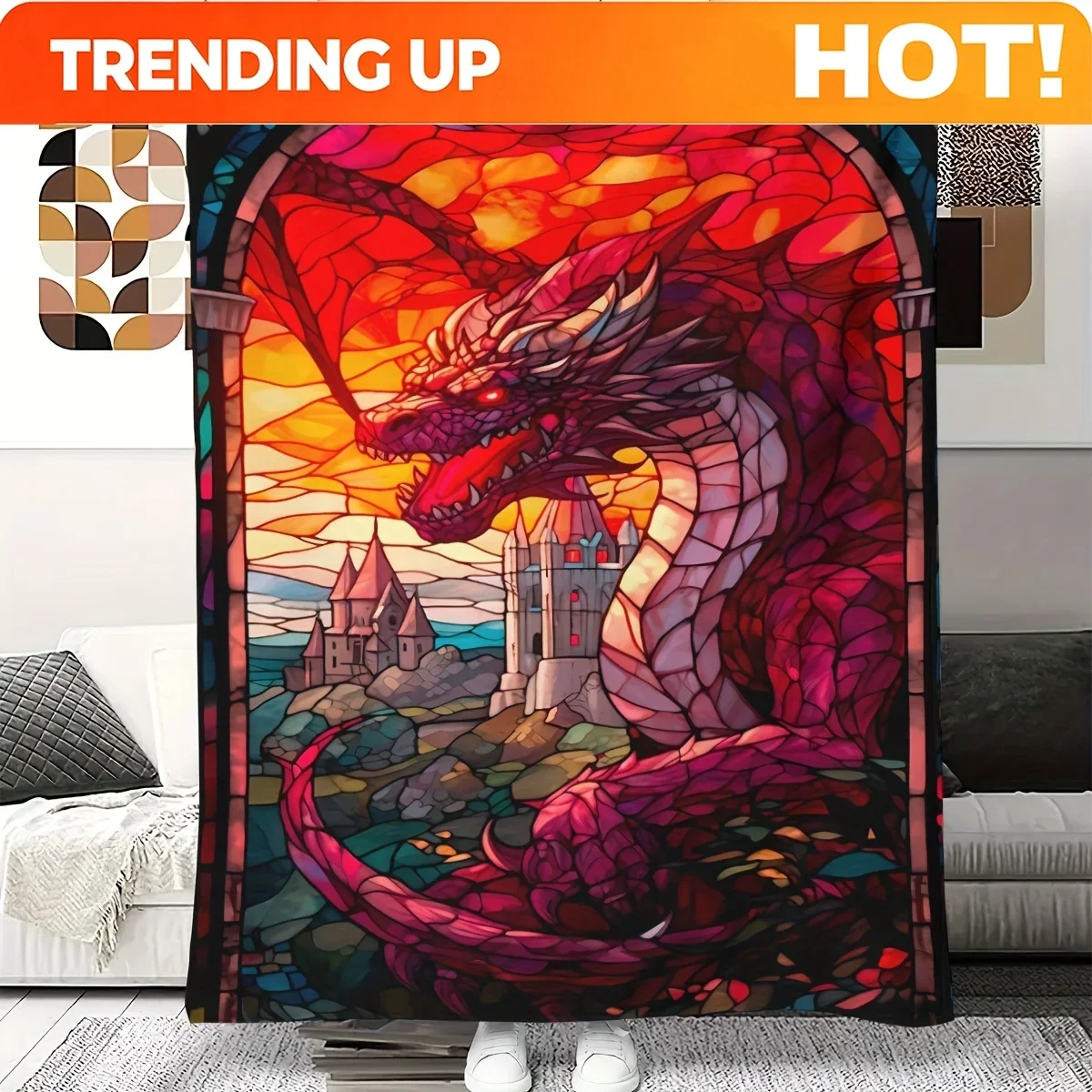 Customization 1pc Throw Blanket, Fantasy Style Red Dragon Printed Blanket, Warm Cozy Soft Blanket For Couch Bed Sofa Car Office