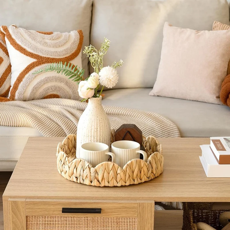 ●Scalloped Edge Round Tray, Round Serving Tray with Built-in Handles, Decoratve Tray for Coffee Table, Rattan Tray-ABFB