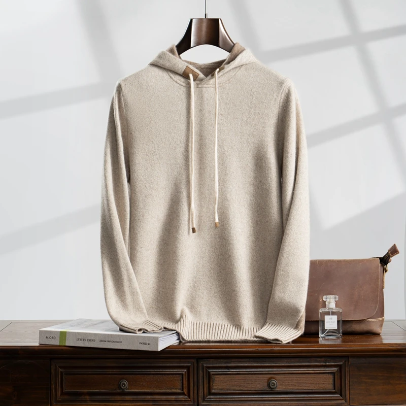 

Осень-зима, новый кашемировый свитер, мужской 100% чистый кашемир, вязаный пуловер с воротником с капюшоном, деловые повседневные спортивные топы с длинными рукавами