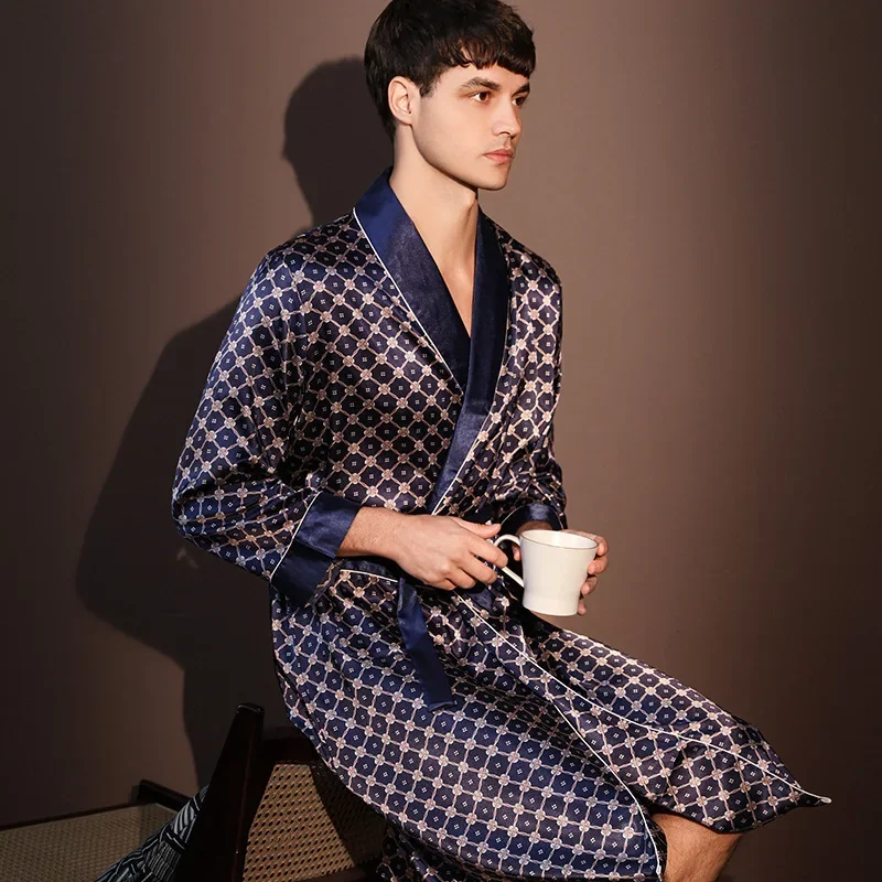 High Quality Nightrobes Men Summer Thin Bathrobe Large Size Ice Silk Printed Pajamas One-piece Robe Male Loungewear Gents Spring