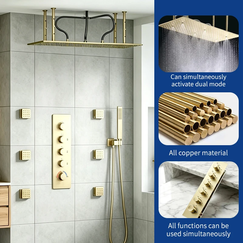 Tieba Luxury Modern Brass Brushed Gold Thermostatic Shower System Ceramic Valve Core LED Music Ceiling Rainfall Head 6 Body