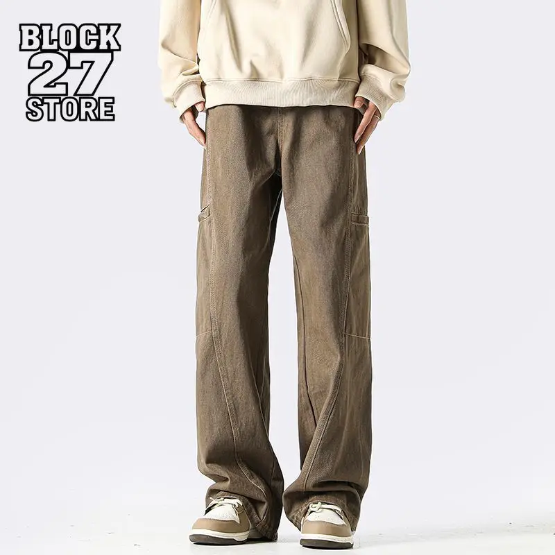 

Mens Jeans Harajuku American Vintage Washed Patchwork Cargo Denim Pants Slim Loose Straight Drape Floor Length Trousers Fashion
