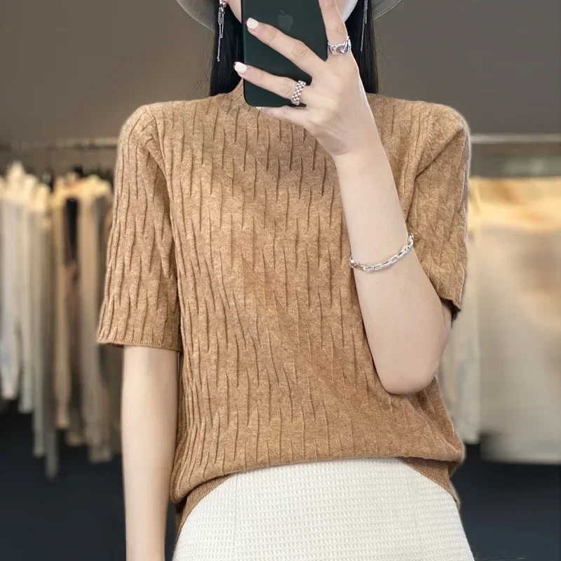 Women's 2024 New Half High Collar Knitted T-shirts Mid-Sleeve Sweaters Bottom Shirt Knit T Shirt