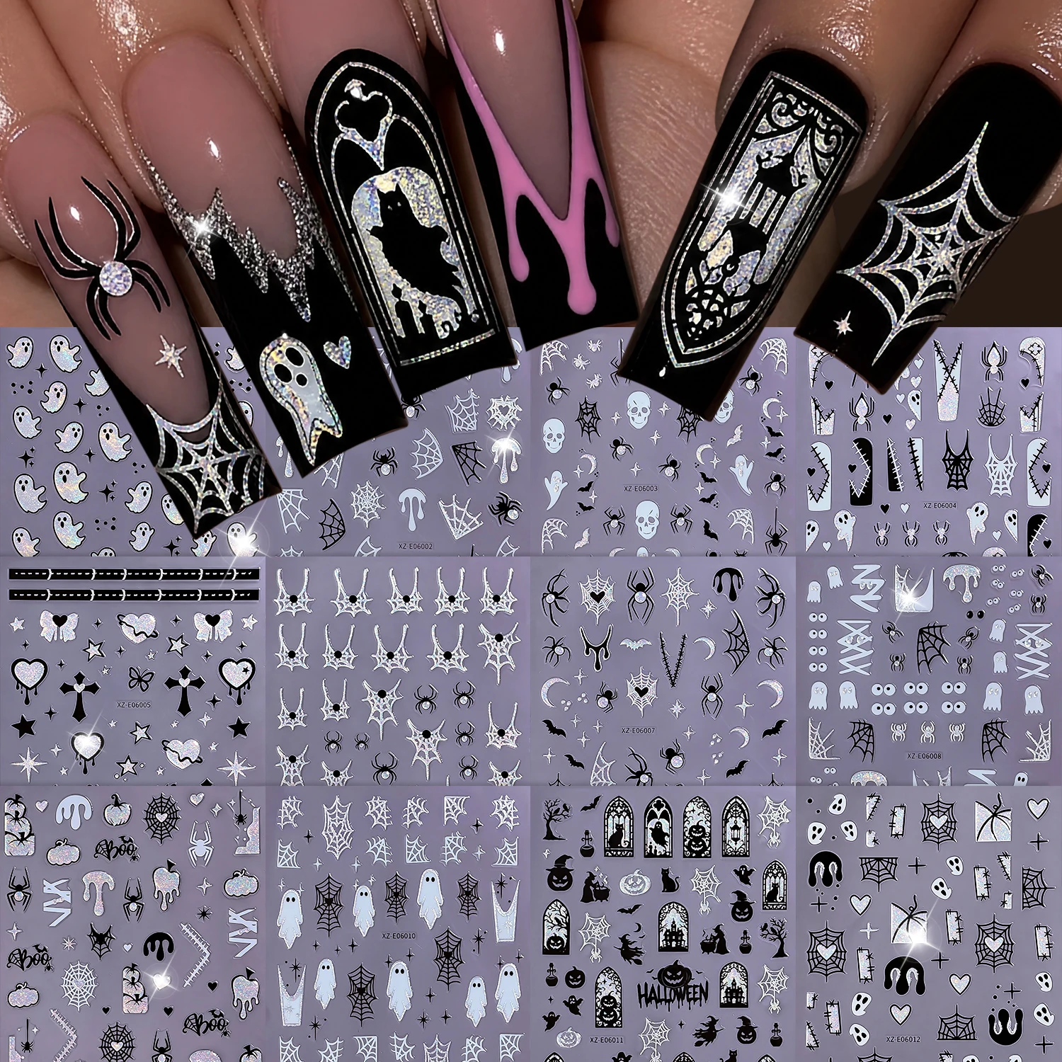 1/12Pcs Gothic Halloween Nail Stickers 3D Sparkly Black Laser Silver Ghost Skull Spider Web Bat Adhesive Nail Decal DIY Nail Dec