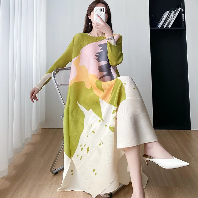 

Miyake Style Pleated Women Dress 2023 Summer Fashion Print Round Neck Loose Plus Size Casual A- Line Luxury New Evening Dresses