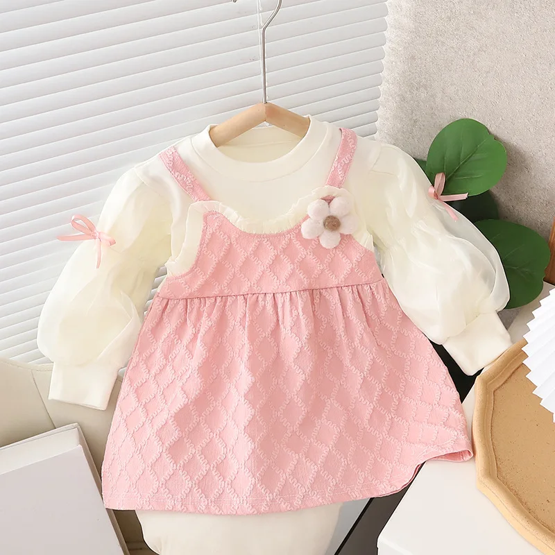 Flowers Girls Dress Spring Autumn Fashion Mesh Puff Sleeves Sweet Girls Princess Dress 1 2 3 4 Years Birthday Gifts Kids Clothes