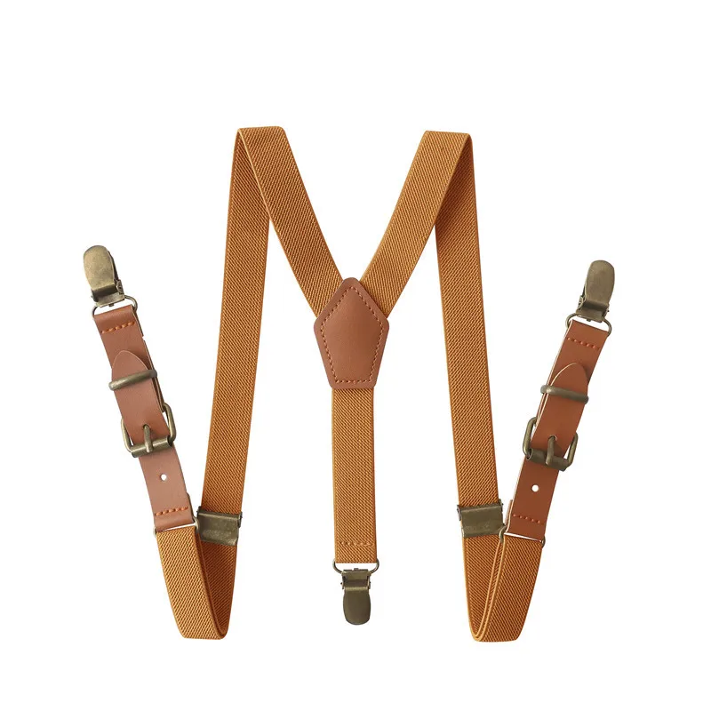 Vintage Brown Leather Alloy 3 Bronze Clips Kid Ring Bearer Vintage Casual Suspenders Western-Style Trousers Boy\'s Braces Strap