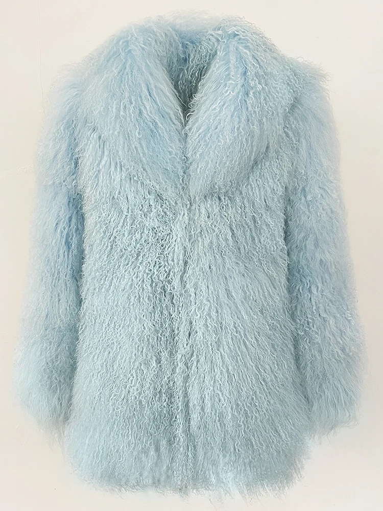 

2025 New Women Mid-length Natural Fur Coat Black Real Fur Overcoat Fashion Warm Mongolian Fur Jacket New Autumn Winter Clothes