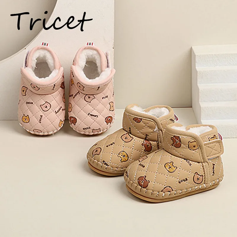 Cartoon Bear Printed Baby Girls Boys Snow Boots Winter Warm Plush Soft Children Ankle Shoes Hook Loop PU Toddler Kids Boots