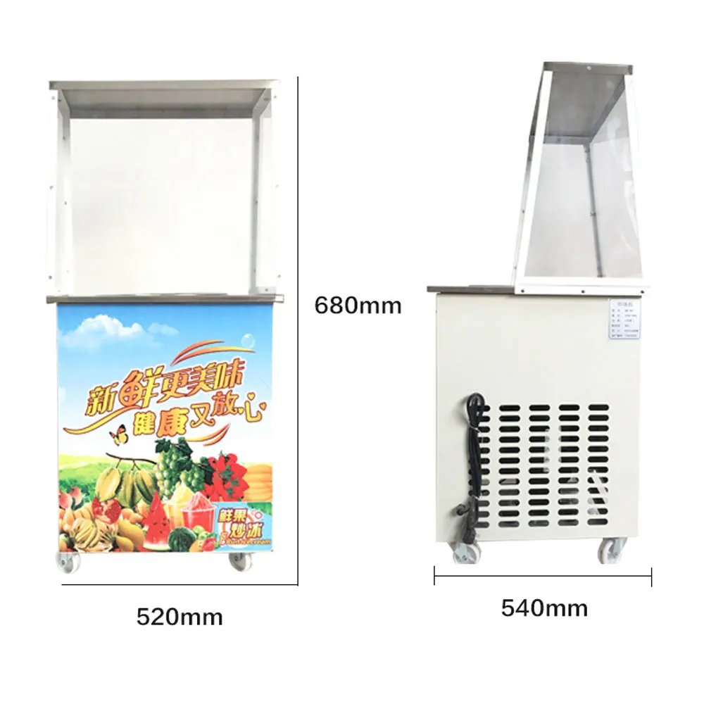 Mesin Gulungan Es Krim Goreng Komersial 1050W 52X54 Cm Panci Persegi Tunggal Pembuat Bubur Es Krim Rumah Baja Tahan Karat