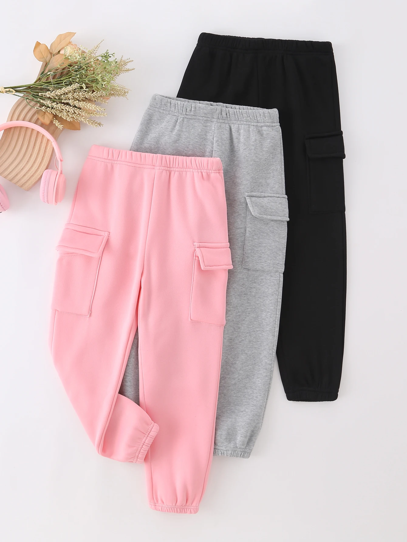 

Модные и повседневные всесезонные праздничные подарочные однотонные флисовые рабочие брюки из трех предметов для девочек