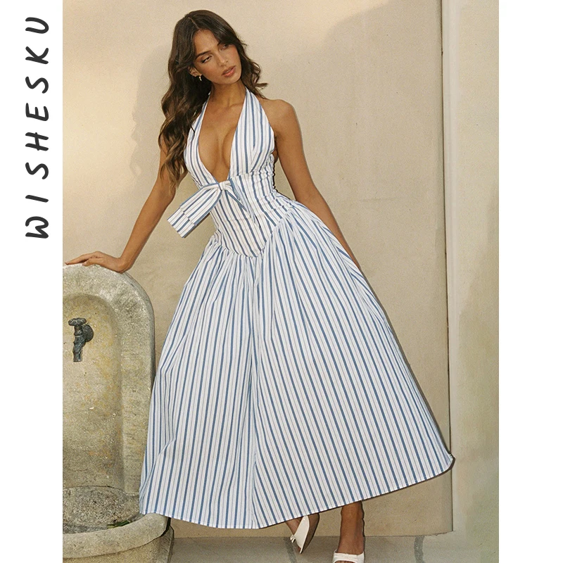 

Sexy Halter Backless Deep V Casual Maxi Dress Women Stripe Print Bowknot Sundress 2025 Summer Beach Harajuku Vacation Clothes