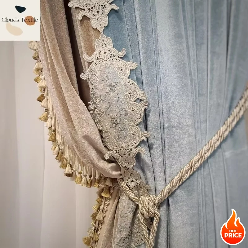 

French Velvet Curtains for Living Dining Room Bedroom New Embroidery American Living Room Blue European Gauze Customize