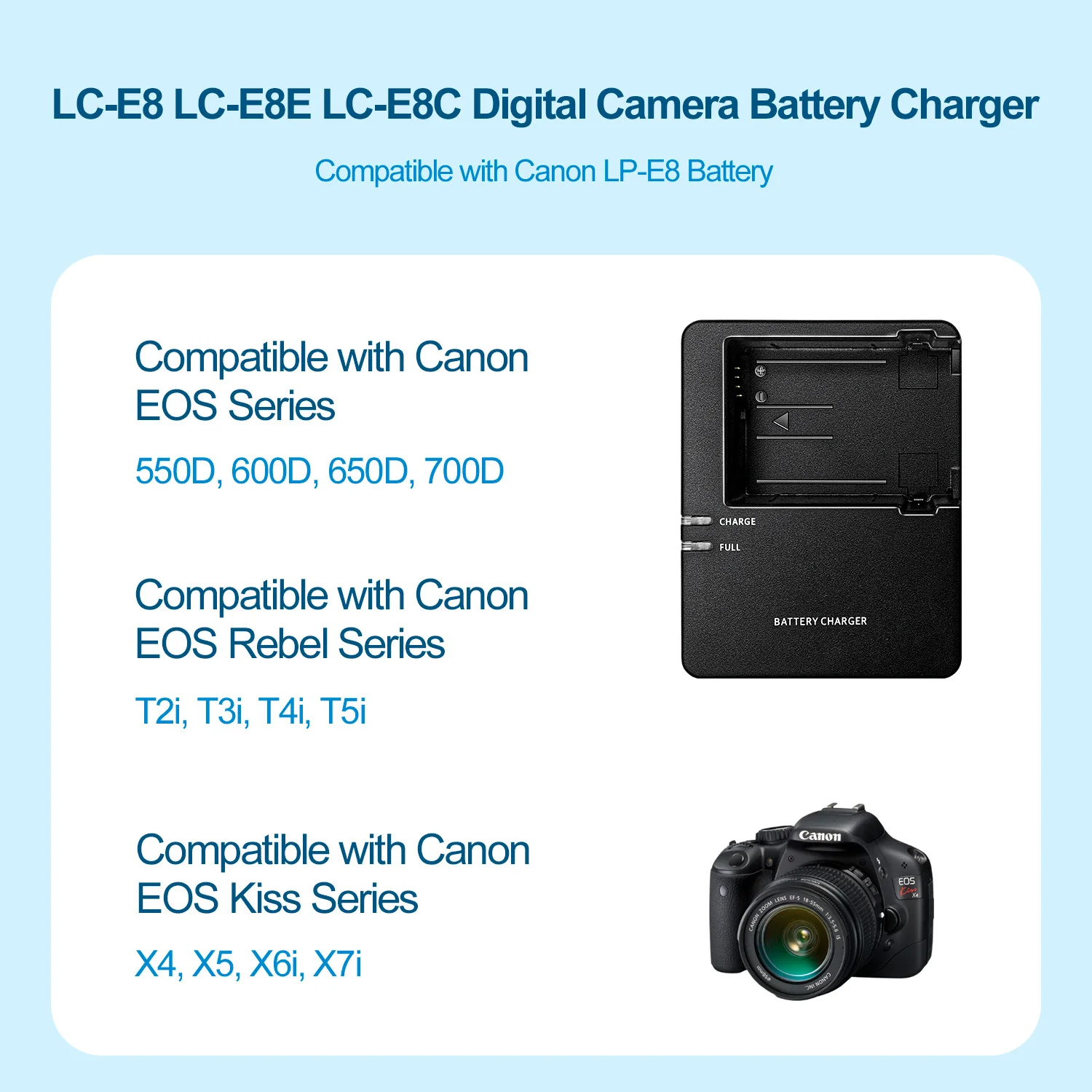 LC-E8 Akku-Ladegerät für Canon LP-E8 - Kompatibel mit EOS 550D, 600D, 650D, 700D, Rebel T2i, T3i, T4i, T5i, Kiss X4, X5 Kamera – Detail 5