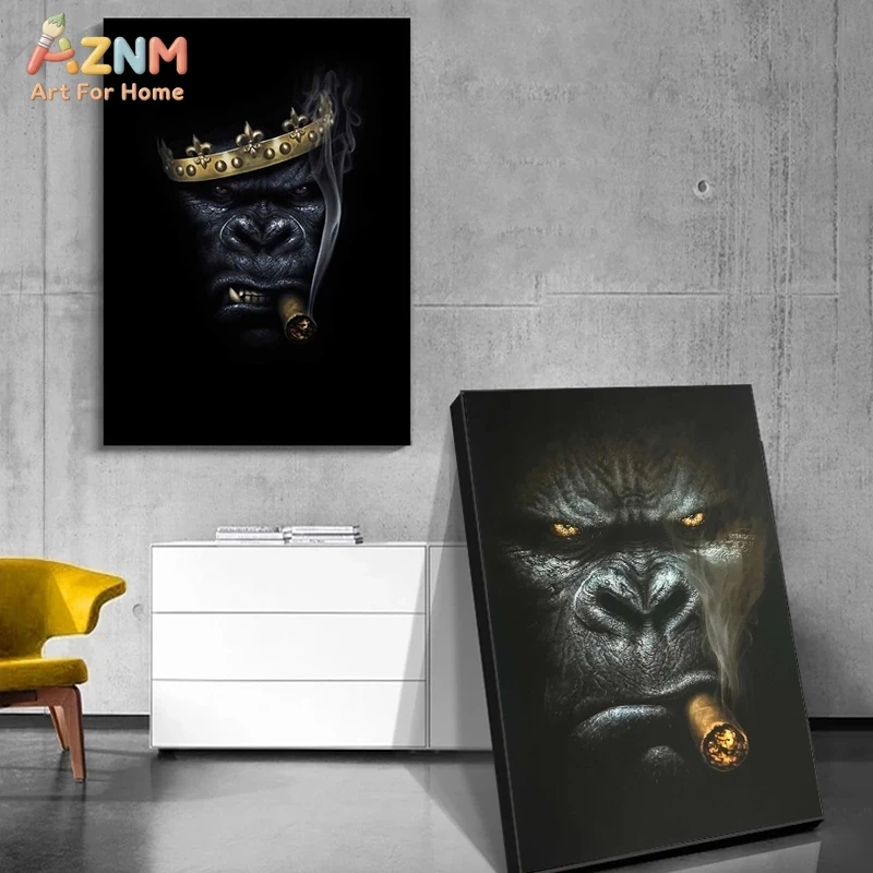 AZNM Cool Gorilla King with Crown Smoking Cigar Canvas Wall Art, Modern Black Background Animal Print Poster, Unframed Gorilla P