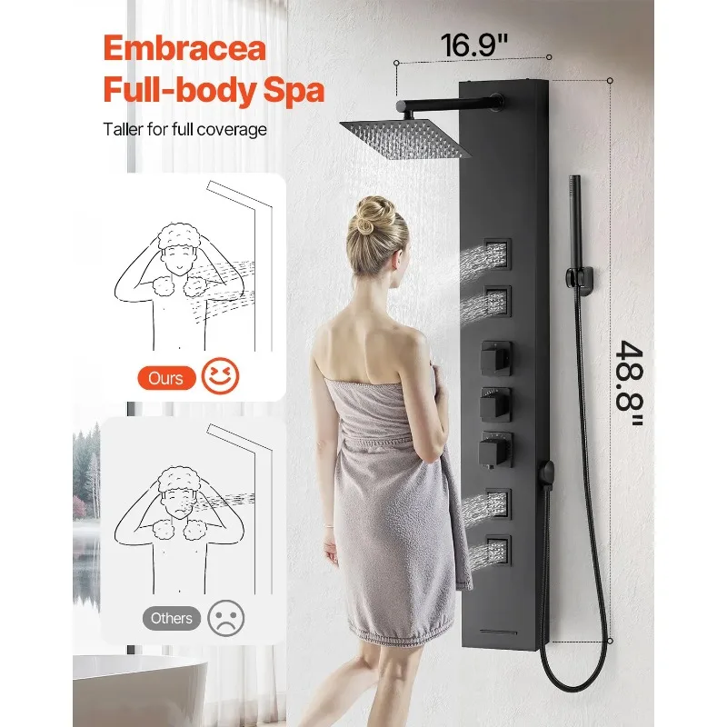 Shower Panel Tower System with Rainfall Shower Head 49 in Brushed Stainless Steel Shower Column 4-Function Faucet
