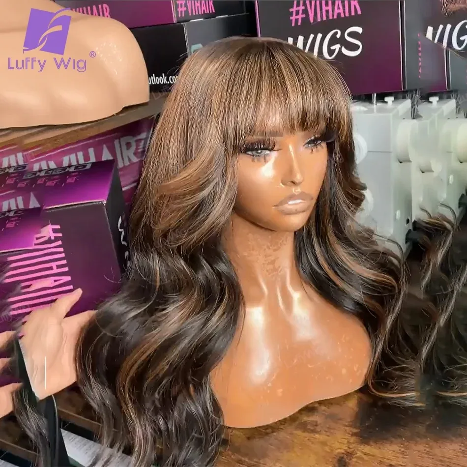 

Цветной парик с омбре и челкой с бахромой, объемная волна, Remy, бразильский, полностью машинный, парик из человеческих волос, длинный, свободный, вьющийся