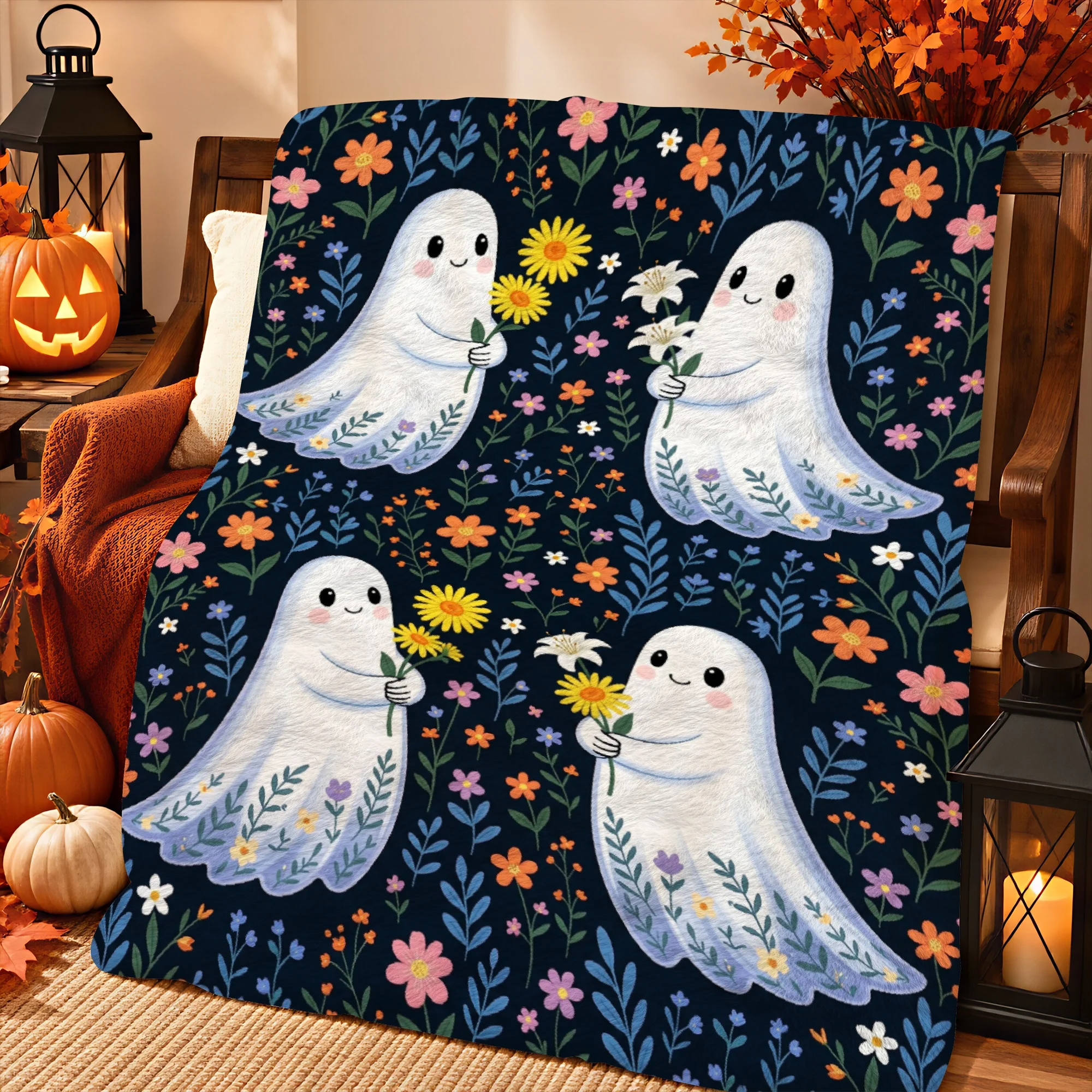1pc 2D Printed Four Cute White Ghosts Holding Flowers Dark Blue Floral Background Halloween Throw Blanket Warm Soft Comfortable