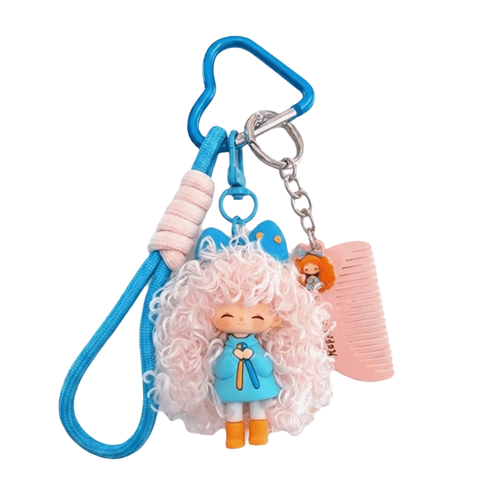 Soft Rubber Curly Hair Doll Keychain Hairbrush Pendant Colorful Halyard Heart Keyring Multicolor Adorable Design Bag Pendant