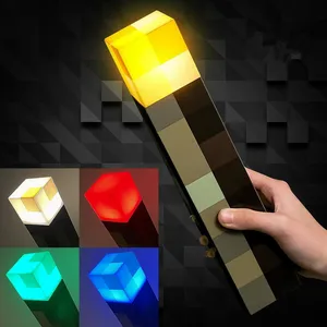 MC Game Brownstone Torch Lamp Figure 4Colors LED Night Light Bedroom Decorative Table Lamp USB Charging with Buckle Kids Toy Gif