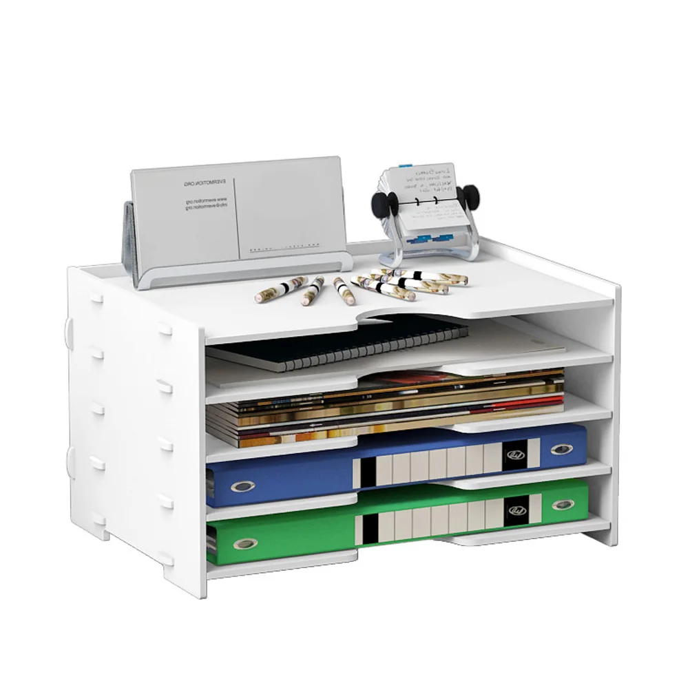 

Desktop Storage Rack File Shelves Four-Layer White PVC Plastic Wood Office Desk Organizer Display Shelf