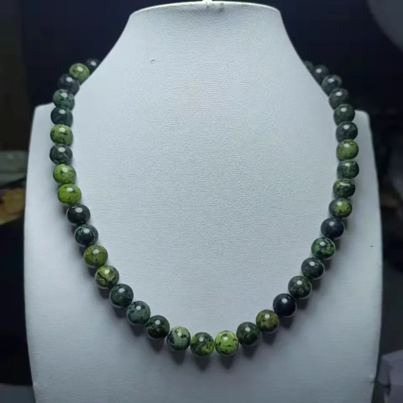 Dark Green Jade Herb King Stone Round Bead Necklace for Men and Women