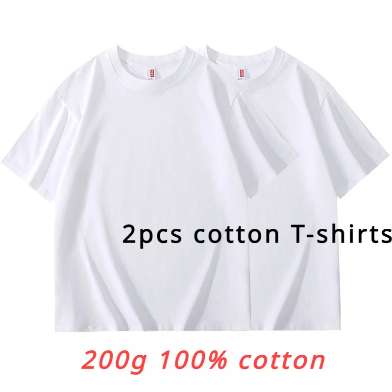 200g Heavyweight T-shirt Summer Cotton Short Sleeved Men's and Women's Solid Round Neck Loose Fitting Japanese Base Shirt