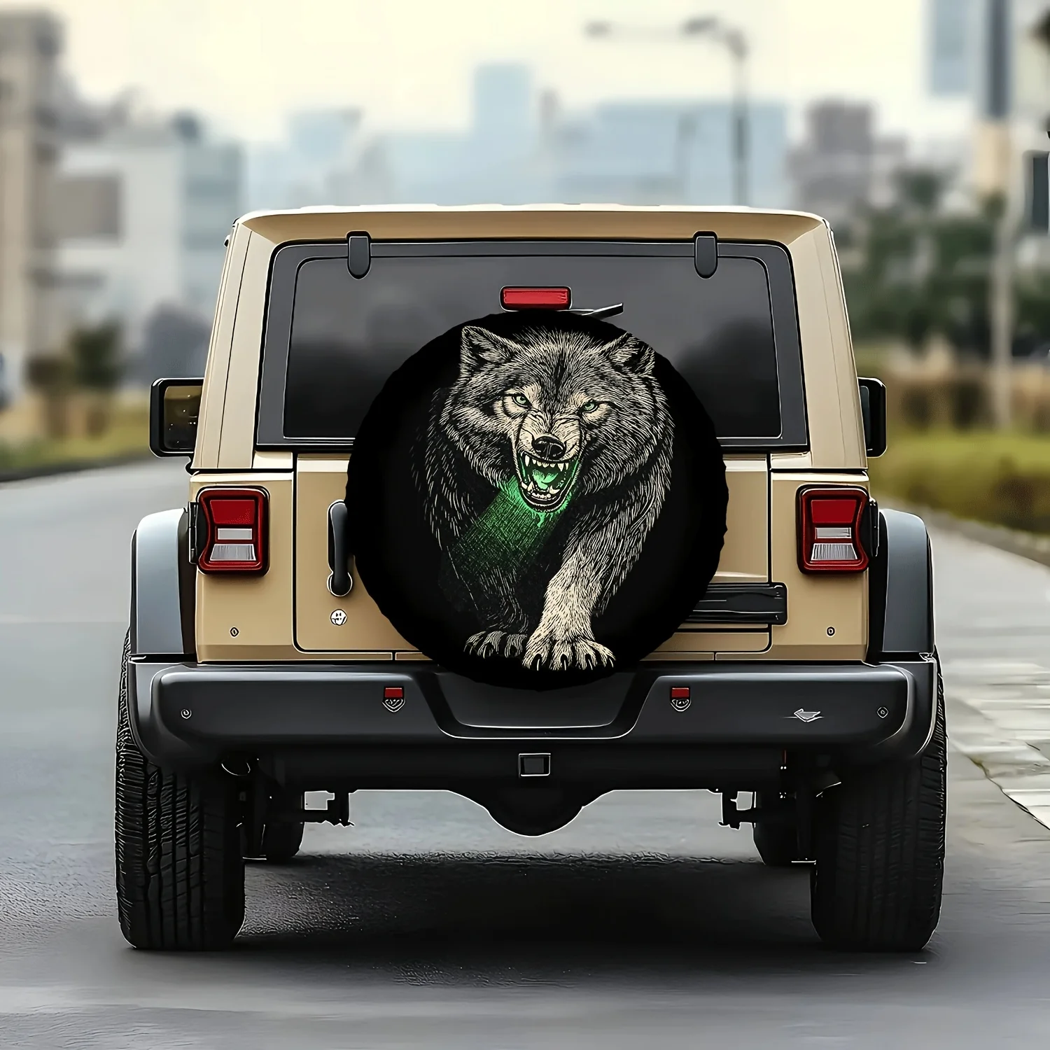 1pc Car Tire Cover, Roaring Green-Eyed Wolf King 