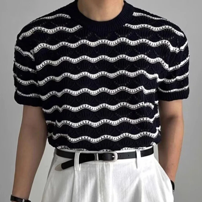 Herren Strick-T-Shirts Sommer Gestreiftes Ausgehöhltes Jacquard Kurzarm-Rundhals-Shirt Lässige T-Shirts Y2K Vintage Streetwear Oberteile – Detail 2
