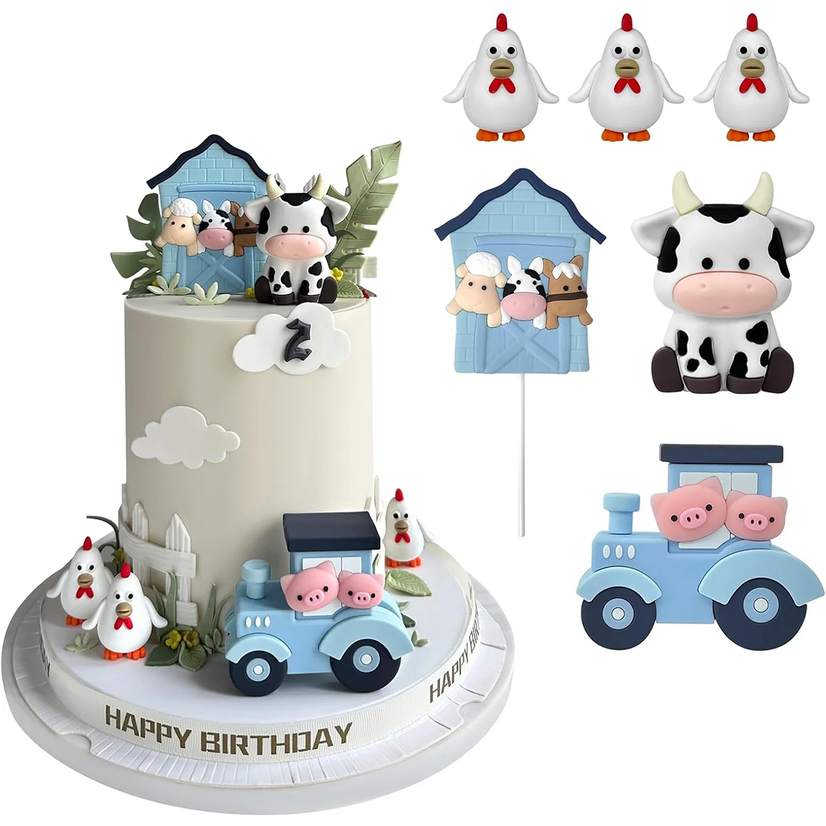 6 PCS Chicken and Cow Train Farm Cake Toppers Cartoon Animal Cake Topper Decorations for Birthday Party Baby Shower Decor (Blue)