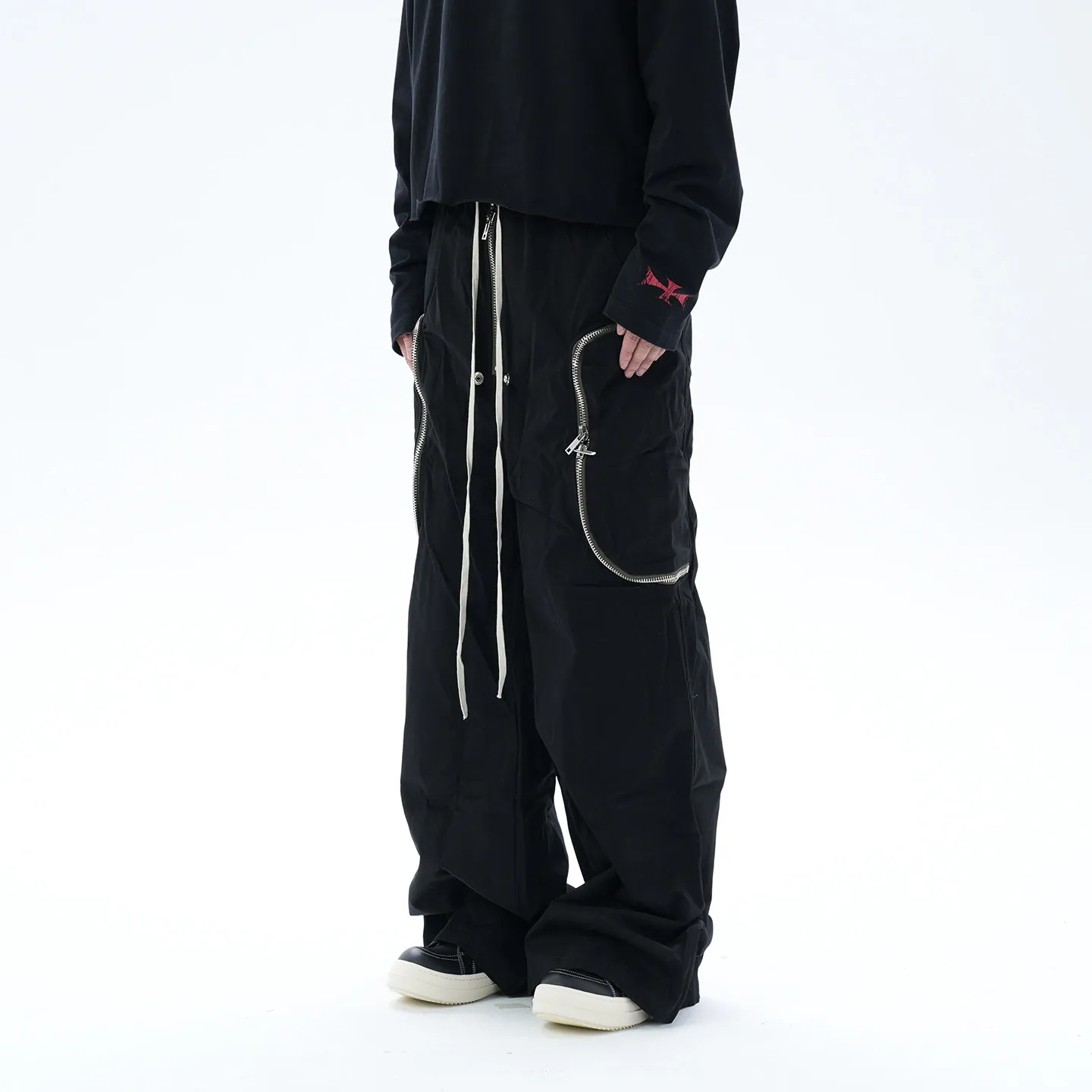 Fashion   Three-Dimensional Pocket Contrast Color Zipper Mopping Bell-Bottoms Wide-Leg Drawstring Casual Pants Trousers