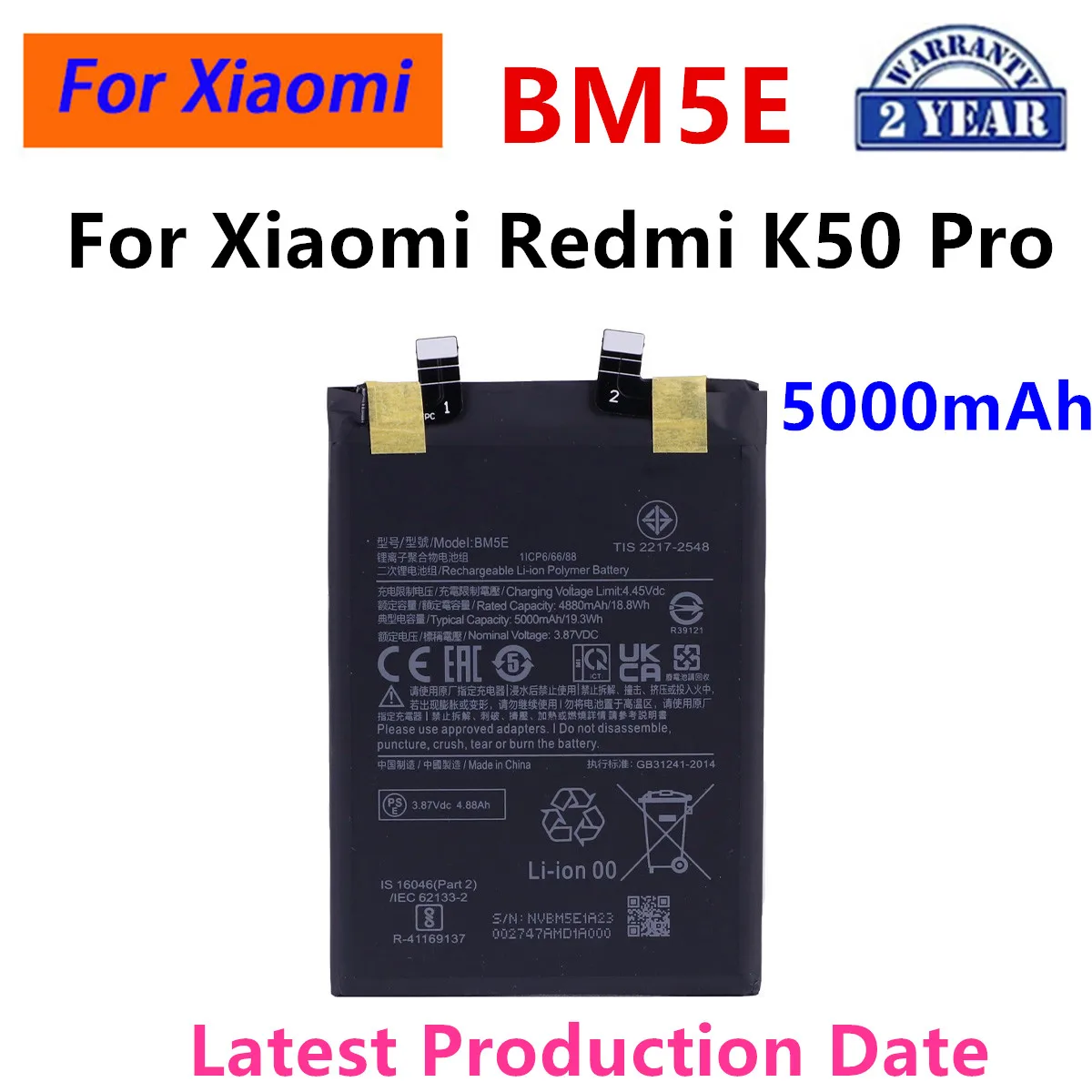 

2024 years Brand New BM5E 5000mAh Replacement Battery For Xiaomi Redmi K50 Pro K50Pro Mobile Phone Batteries