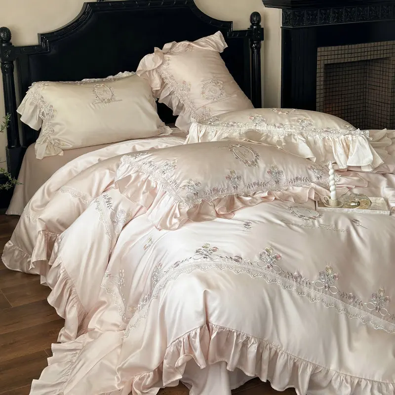 Lyocell Tencel four-piece set, French three-dimensional embroidery princess lace