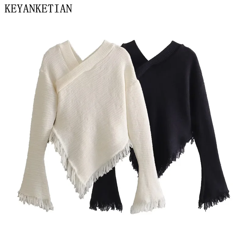 

KEYANKETIAN Autumn/Winter New Women's Tassel Decoration Asymmetrical Sweater Chic Fashion Slim Female Smock Short Knitwear