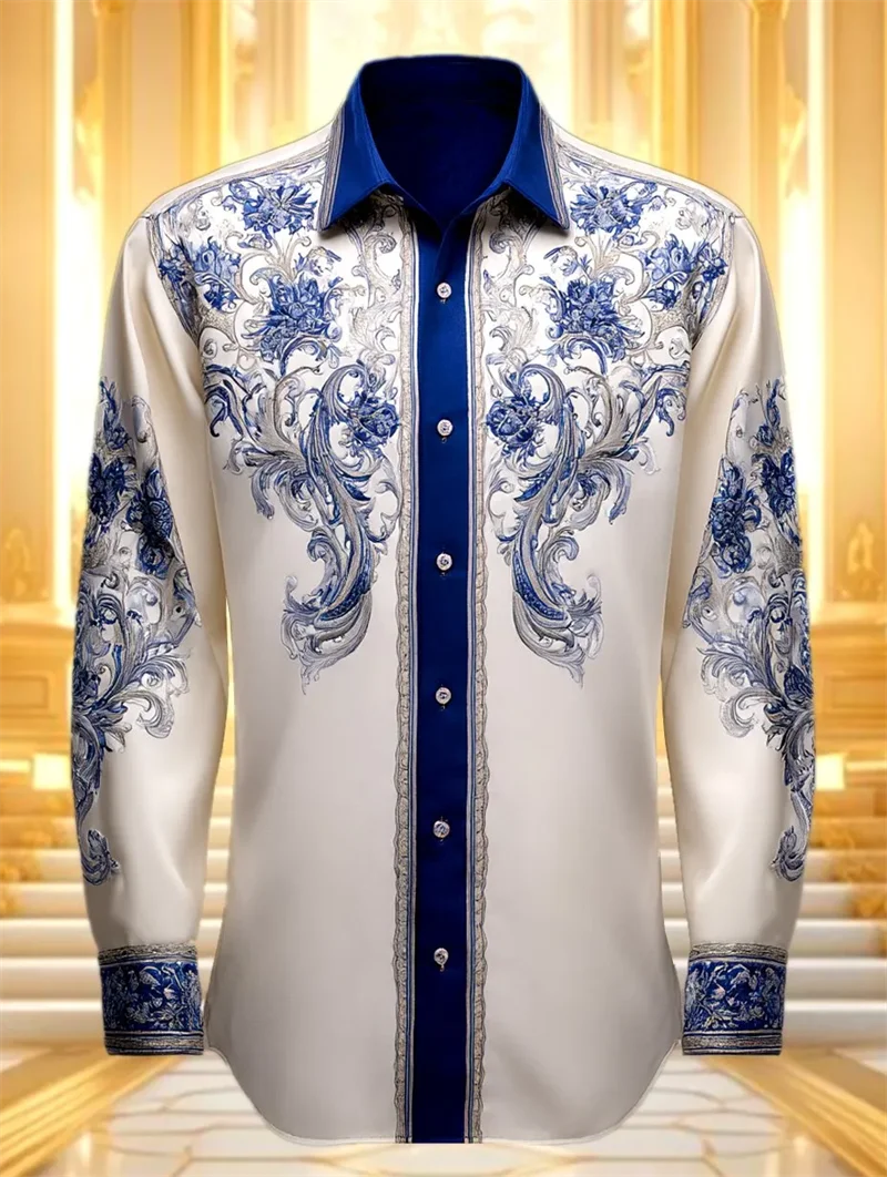 New men's Long Sleeved Shirt With Gold 3D Clover Printing Technology Fashionable Pattern Luxurious Shirt Style