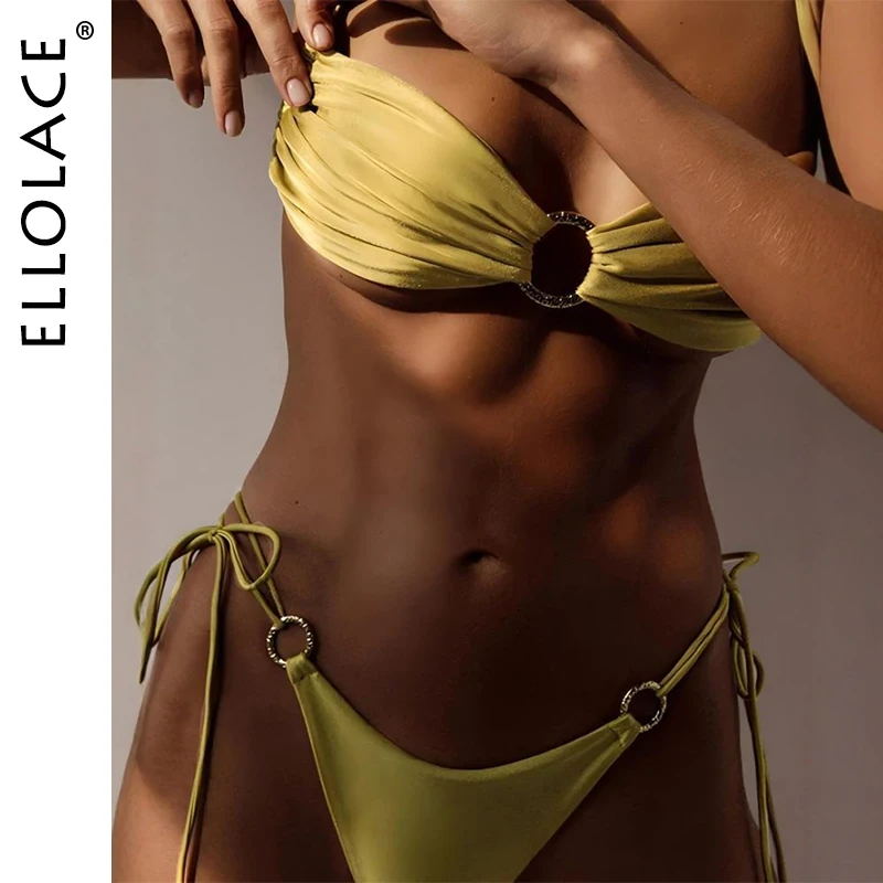 

Ellolace Elegant Women's Swimsuit Exclusive Ring Halter 2PC Bandage Bra Thong Set Willowy Sexy Hollow Ribbed Biniki Swimwear