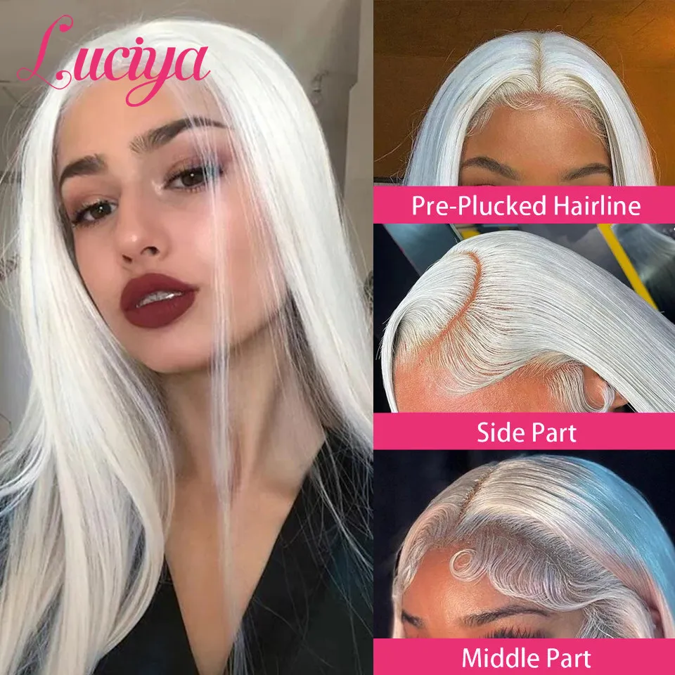 Pure Silvery White Colored Human Hair Wigs Bone Straight 13x4/13x6 HD Lace Front Wig Brazilian Body Wave 4x4 Lace Closure Wigs