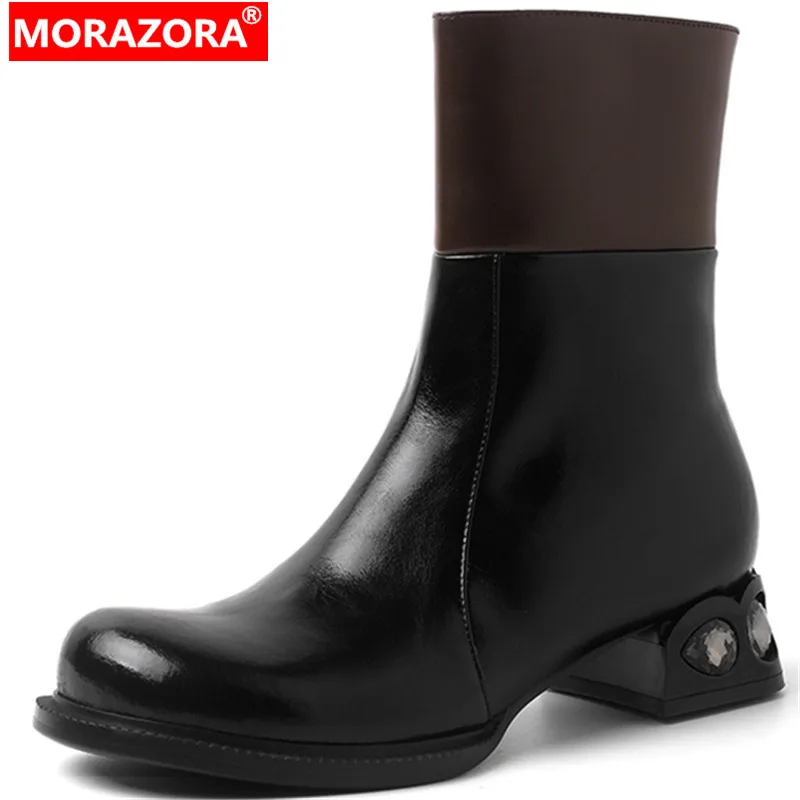 

MORAZORA 2022 New Spring Platform Mid Calf Boots Mixed Colors Genuine Leather Boots Woman Thick Med Heels Shoes