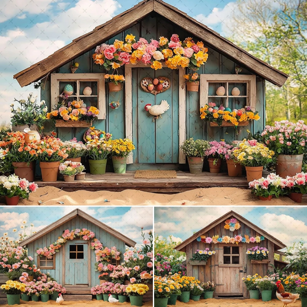 

Spring Backdrop Photo Easter Retro Wood House Flowers Kids Birthday Party Portrait Decor Photography Background Studio