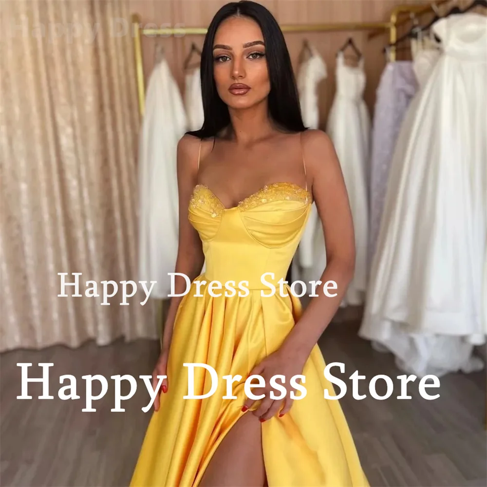 Robe de Soirée en Satin Jaune, Tenue Formelle, Col en Cœur, Bretelles Spaghetti, Paillettes Brillantes, Sexy, Fendue sur le Côté Haut, Ligne A, Bal de Promo